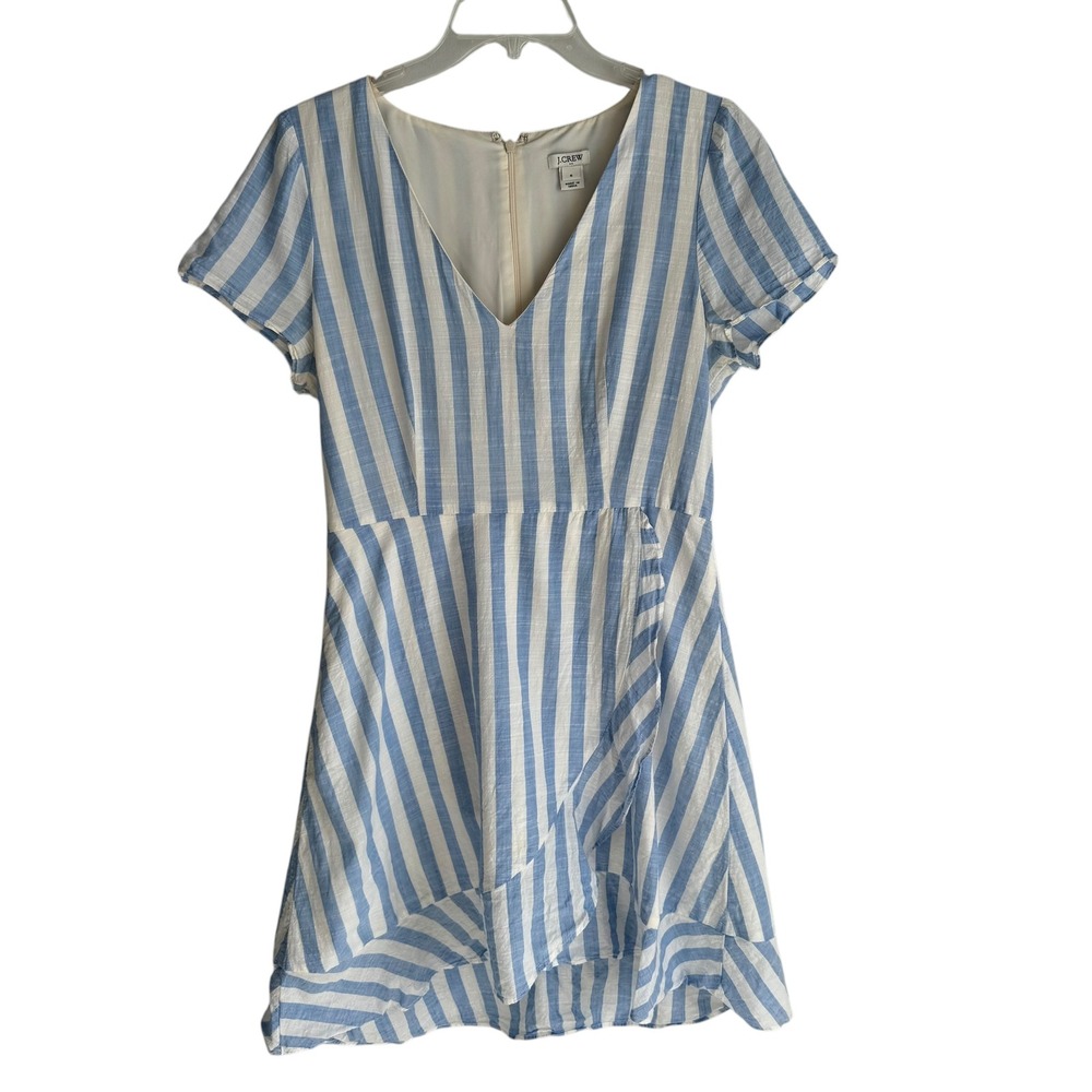 J.CREW Blue and White Striped V-Neck Faux Wrap Ladies Dress, 6